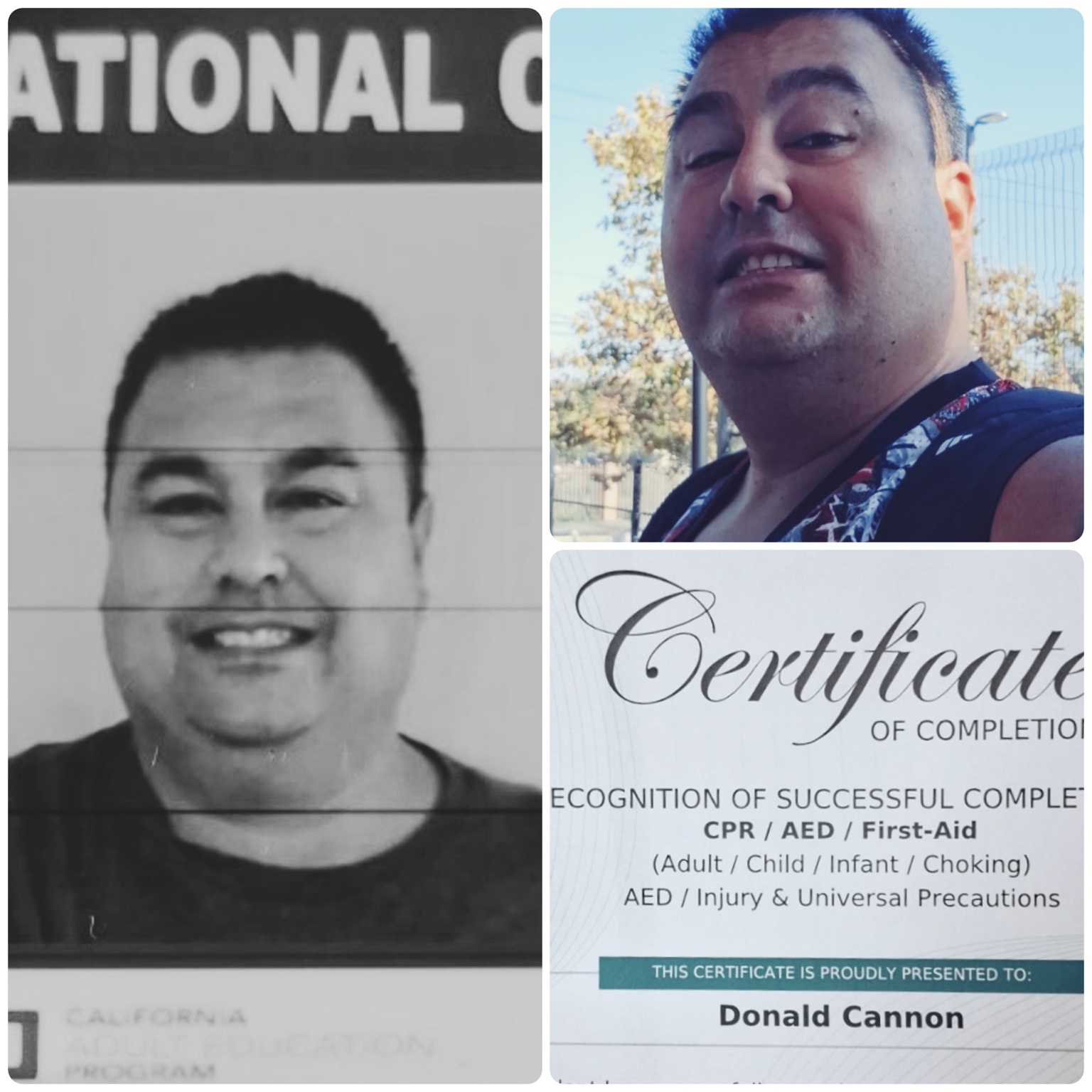 Collage of Donald Cannon, including a portrait, an outdoor photo, and his CPR, AED, and First Aid certificate
